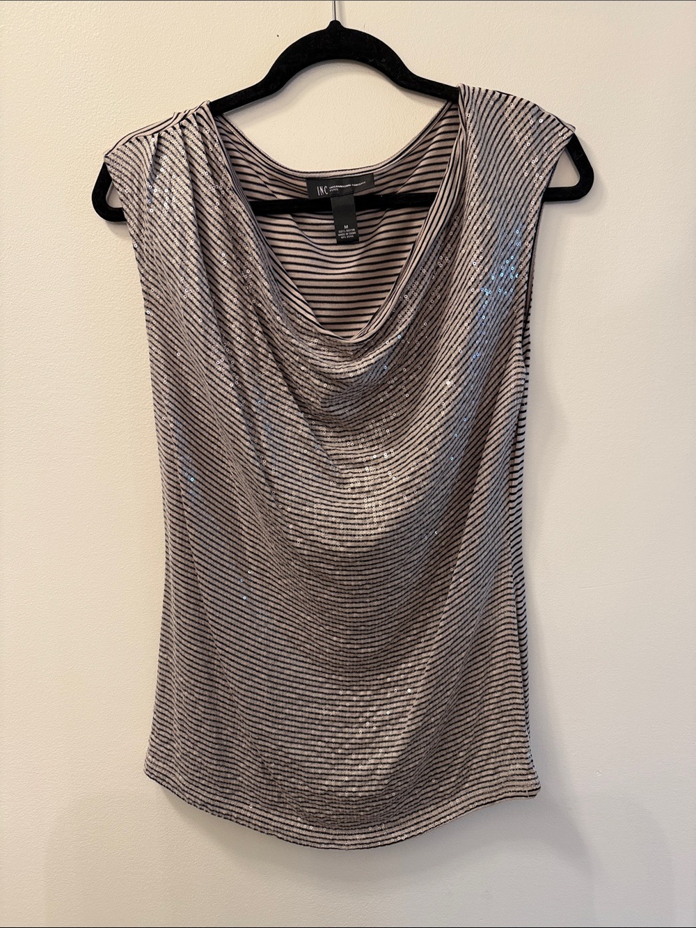 INC International Concepts Black and Silver Striped Cowl-Neck Camisole
